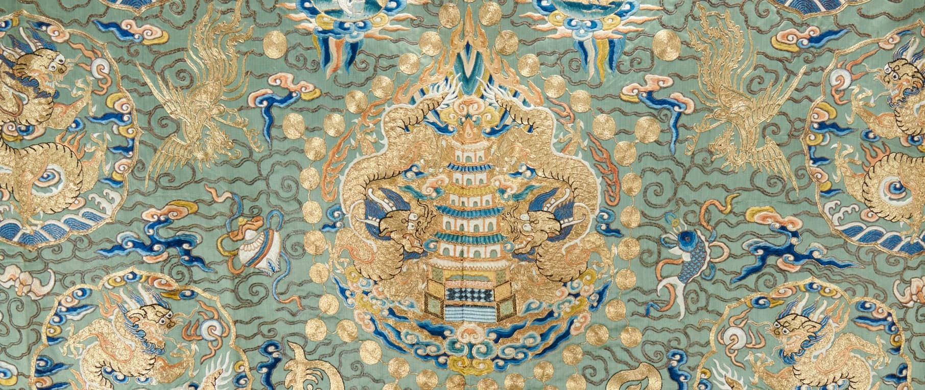 Daoist Priest's Robe (Jiangyi) with Four-Clawed Dragon Roundel Design Full-length loose garment, center front opening, fastened with two loop and one gilt-metal ball and one knotted-cord toggle button and a pair of ties, arm holes left at sides