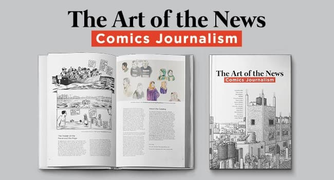 A book is open to show comic panels by different artists